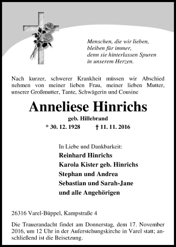 Traueranzeige von Anneliese Hinrichs von Nordwest-Zeitung