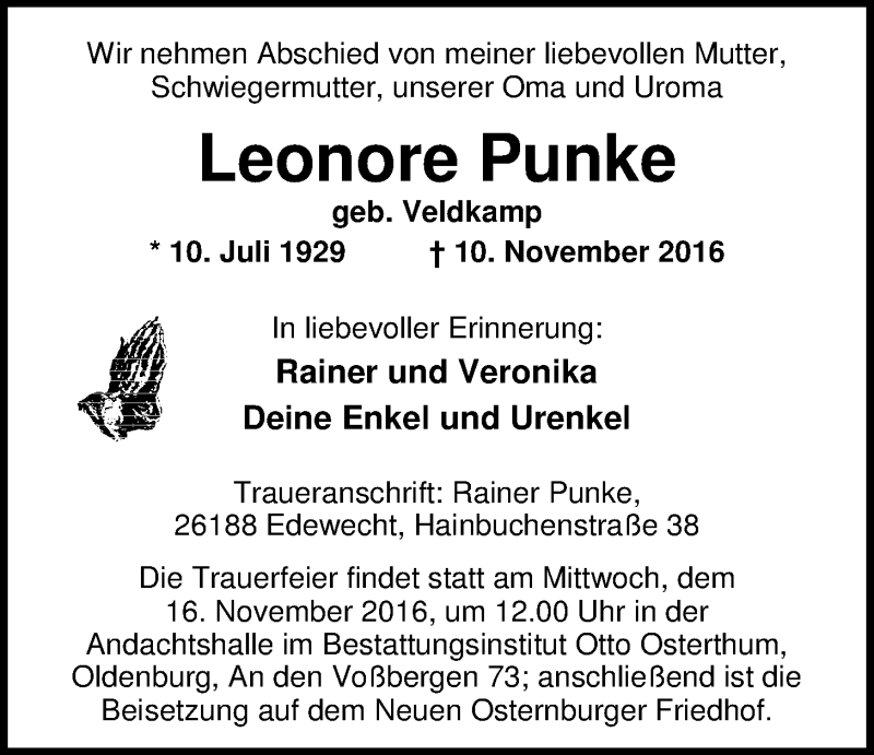  Traueranzeige für Leonore Punke vom 14.11.2016 aus Nordwest-Zeitung