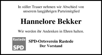 Traueranzeige von Hannelore Bekker von Nordwest-Zeitung