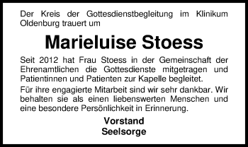 Traueranzeige von Marieluise Stoess von Nordwest-Zeitung