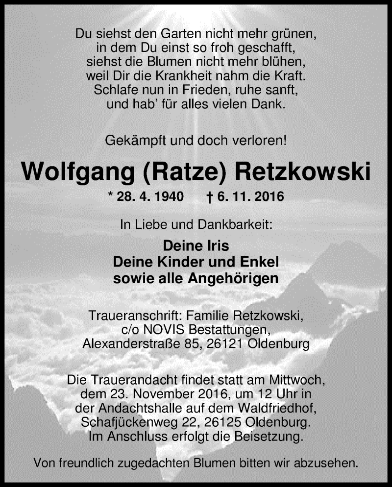  Traueranzeige für Wolfgang Retzkowski vom 19.11.2016 aus Nordwest-Zeitung