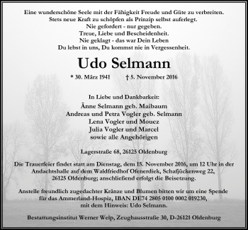 Traueranzeige von Udo Selmann von Nordwest-Zeitung