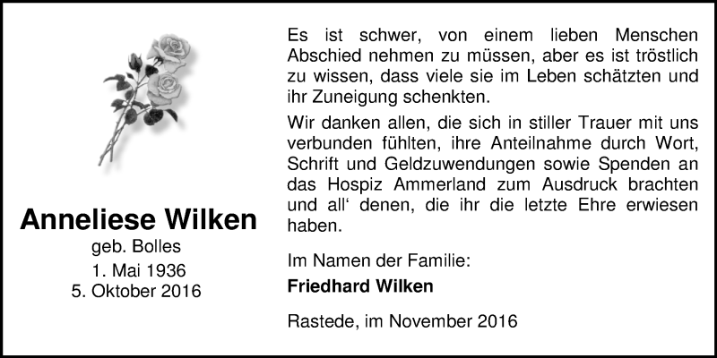  Traueranzeige für Anneliese Wilken vom 05.11.2016 aus Nordwest-Zeitung
