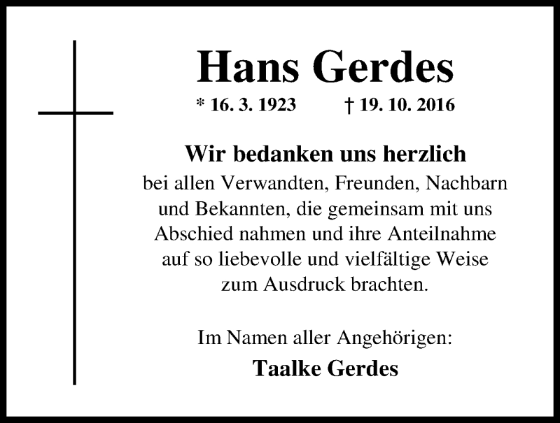  Traueranzeige für Hans Gerdes vom 18.11.2016 aus Nordwest-Zeitung