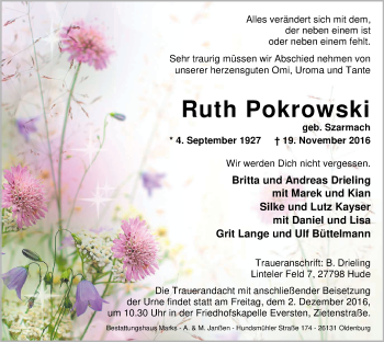 Traueranzeige von Ruth Pokrowski von Nordwest-Zeitung