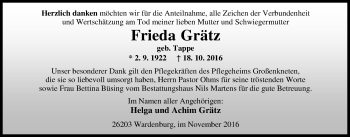 Traueranzeige von Frieda Grätz von Nordwest-Zeitung