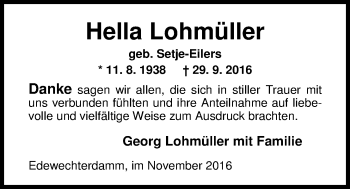 Traueranzeige von Hella Lohmüller von Nordwest-Zeitung