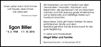 Traueranzeige von Egon Biller von Nordwest-Zeitung