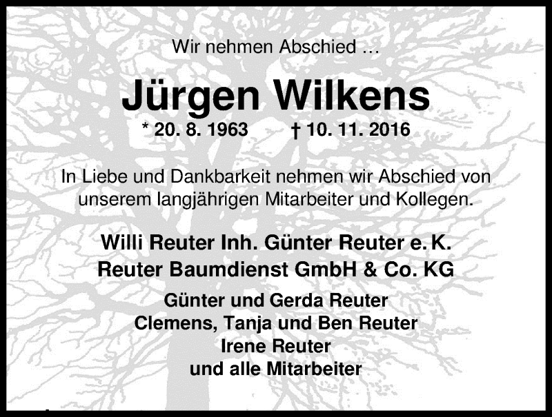  Traueranzeige für Jürgen Wilkens vom 18.11.2016 aus Nordwest-Zeitung