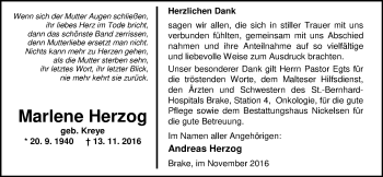 Traueranzeige von Marlene Herzog von Nordwest-Zeitung