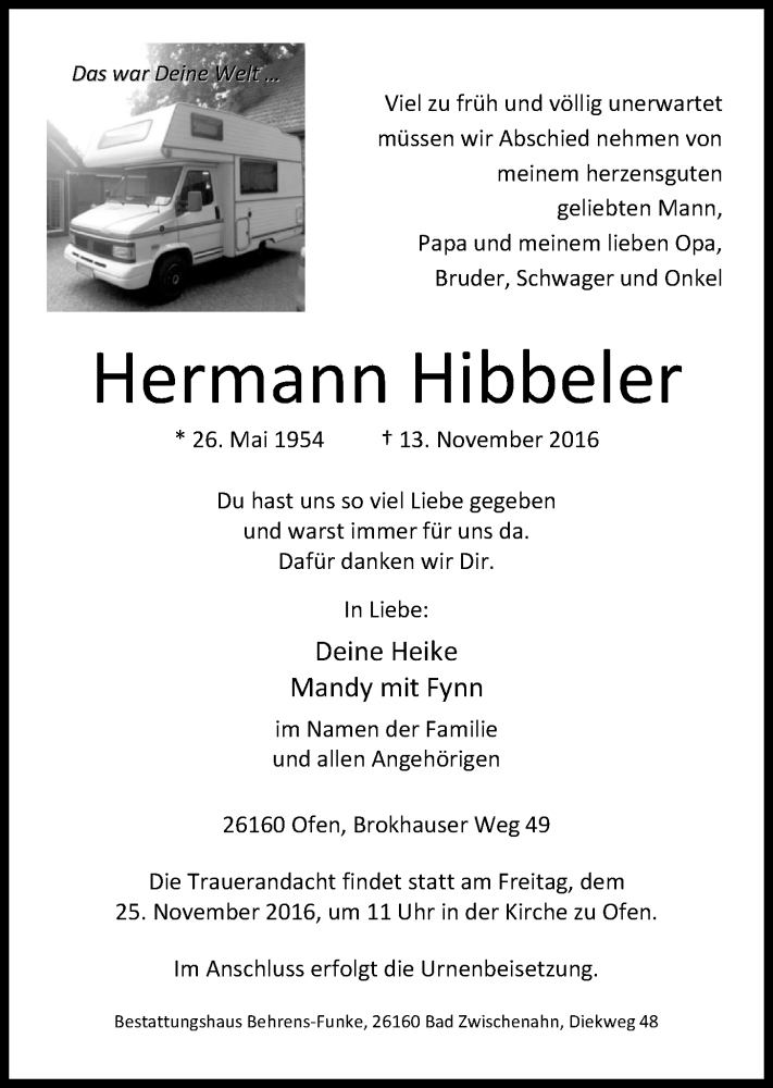  Traueranzeige für Hermann Hibbeler vom 19.11.2016 aus Nordwest-Zeitung