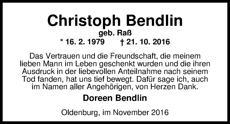  Traueranzeige für Christoph Bendlin vom 19.11.2016 aus Nordwest-Zeitung