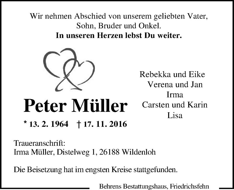  Traueranzeige für Peter Müller vom 26.11.2016 aus Nordwest-Zeitung