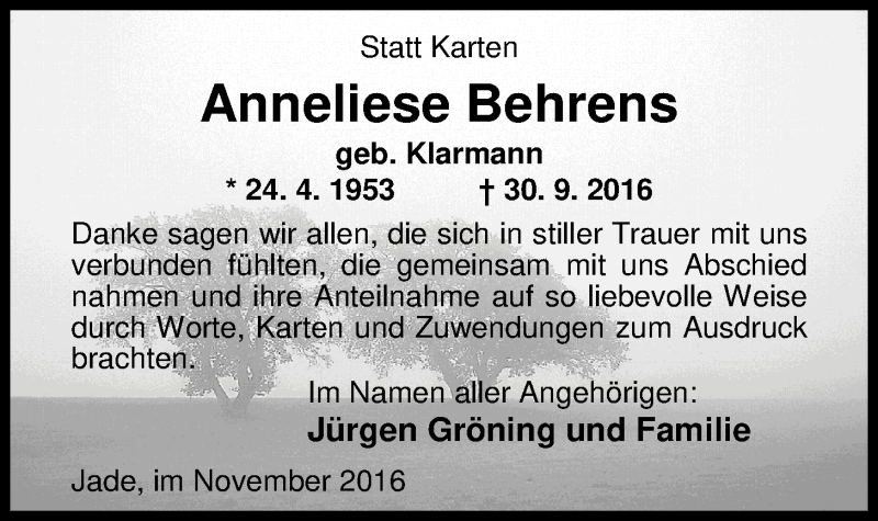  Traueranzeige für Anneliese Behrens vom 12.11.2016 aus Nordwest-Zeitung