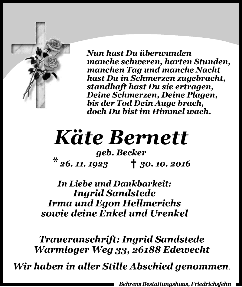  Traueranzeige für Käte Bernett vom 08.11.2016 aus Nordwest-Zeitung