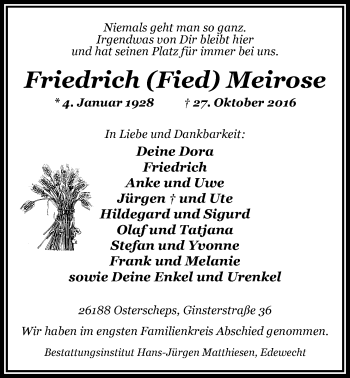 Traueranzeige von Friedrich Meirose von Nordwest-Zeitung