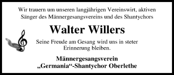 Traueranzeige von Walter Willers von Nordwest-Zeitung