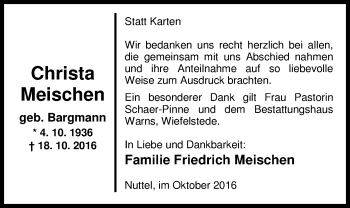 Traueranzeige von Christa Meischen von Nordwest-Zeitung