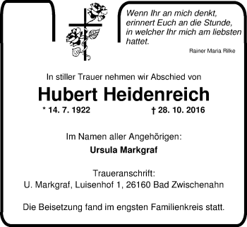 Traueranzeige von Hubert Heidenreich von Nordwest-Zeitung