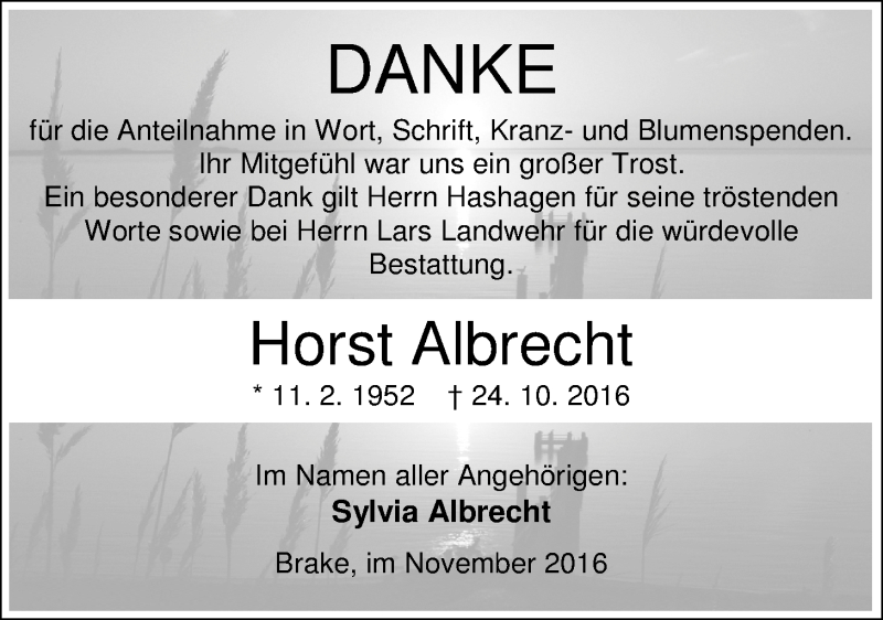  Traueranzeige für Horst Albrecht vom 19.11.2016 aus Nordwest-Zeitung