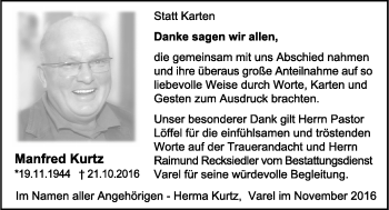 Traueranzeige von Manfred Kurtz von Nordwest-Zeitung