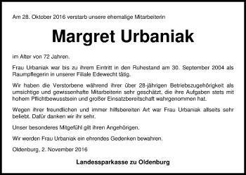 Traueranzeige von Margret Urbaniak von Nordwest-Zeitung