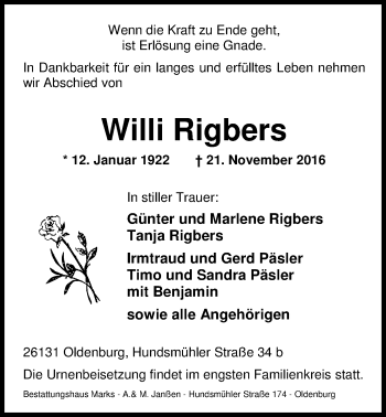 Traueranzeige von Wilhelm Rigbers von Nordwest-Zeitung