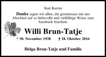 Traueranzeige von Willi Brun-Tatje von Nordwest-Zeitung