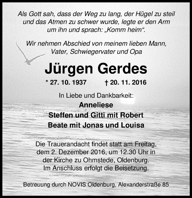  Traueranzeige für Jürgen Gerdes vom 26.11.2016 aus Nordwest-Zeitung