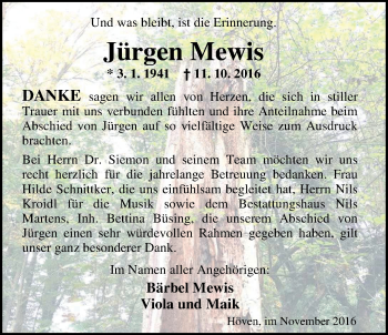 Traueranzeige von Jürgen Mewis von Nordwest-Zeitung