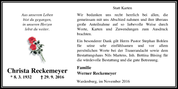 Traueranzeige von Christa Reckemeyer von Nordwest-Zeitung