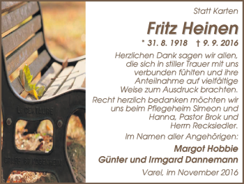 Traueranzeige von Fritz Heinen von Nordwest-Zeitung