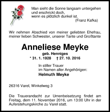 Traueranzeige von Anneliese Meyke von Nordwest-Zeitung