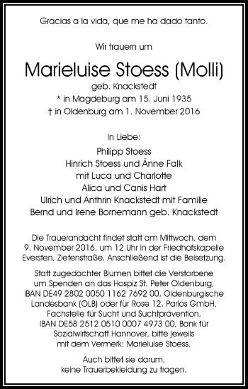 Traueranzeige von Marieluise Stoess von Nordwest-Zeitung