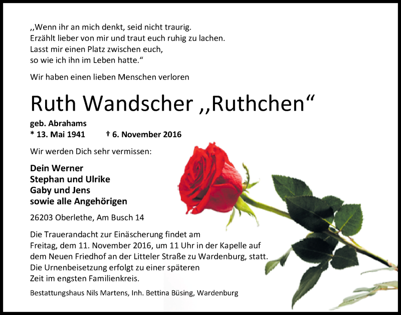  Traueranzeige für Ruth Wandscher vom 09.11.2016 aus Nordwest-Zeitung