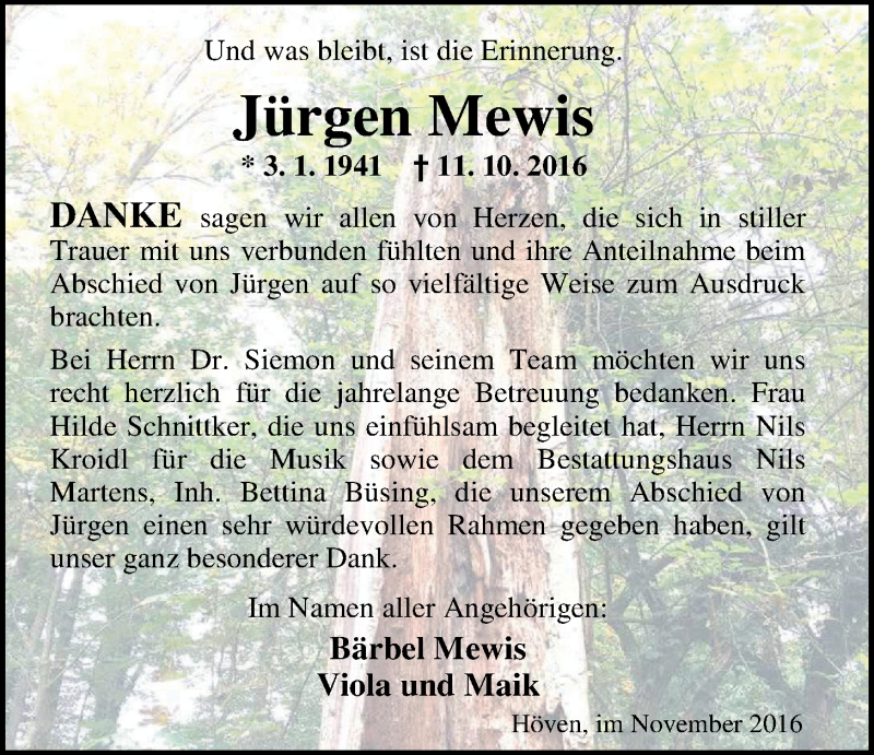  Traueranzeige für Jürgen Mewis vom 24.11.2016 aus Nordwest-Zeitung