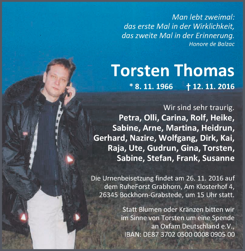  Traueranzeige für Torsten Thomas vom 22.11.2016 aus Nordwest-Zeitung