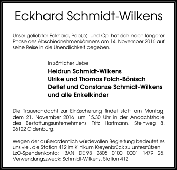 Traueranzeige von Eckhard Schmidt-Wilkens von Nordwest-Zeitung