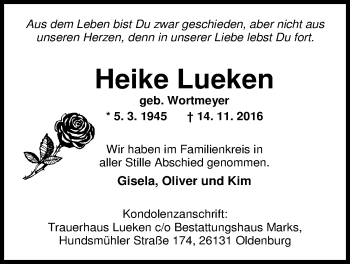 Traueranzeige von Heike Lueken von Nordwest-Zeitung