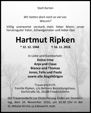 Traueranzeige von Hartmut Ripken von Nordwest-Zeitung