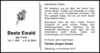 Traueranzeige von Beate Ewald von Nordwest-Zeitung