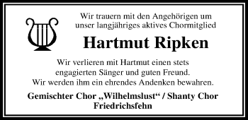 Traueranzeige von Hartmut Ripken von Nordwest-Zeitung