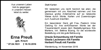 Traueranzeige von Erna Preuß von Nordwest-Zeitung