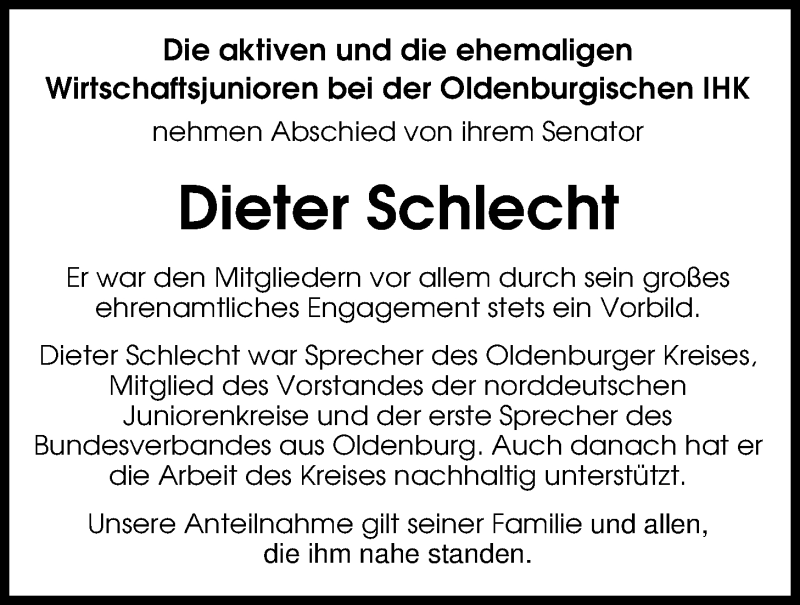  Traueranzeige für Dieter Schlecht vom 25.11.2016 aus Nordwest-Zeitung
