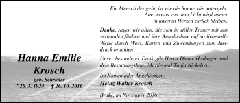 Traueranzeige von Hanna Emilie Krosch von Nordwest-Zeitung