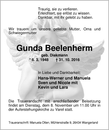 Traueranzeige von Gunda Beelenherm von Nordwest-Zeitung
