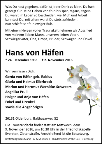 Traueranzeige von Hans  von Häfen von Nordwest-Zeitung
