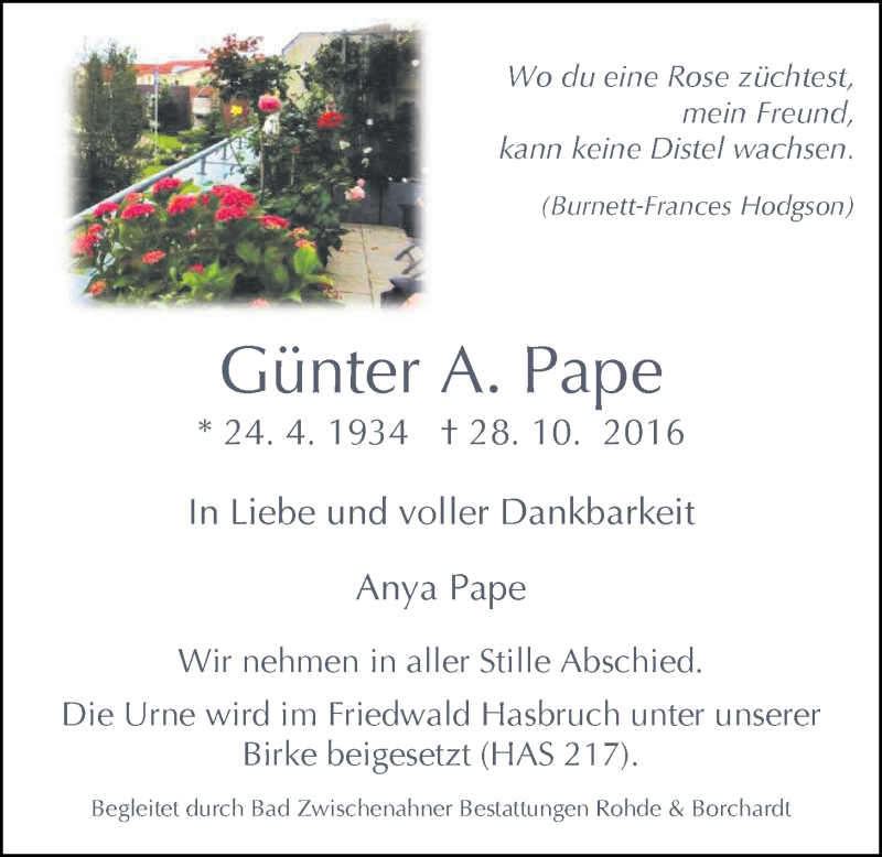  Traueranzeige für Günter Pape vom 02.11.2016 aus Nordwest-Zeitung