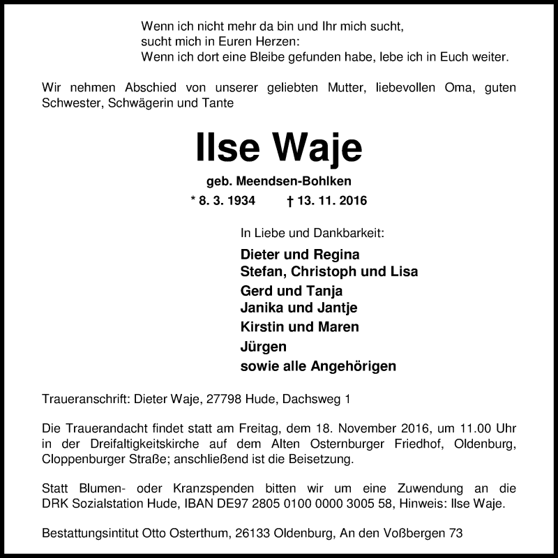  Traueranzeige für Ilse Waje vom 15.11.2016 aus Nordwest-Zeitung
