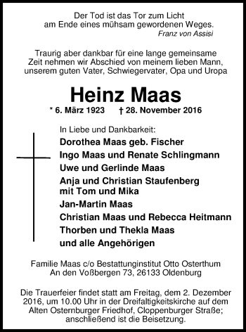 Traueranzeige von Heinz Maas von Nordwest-Zeitung